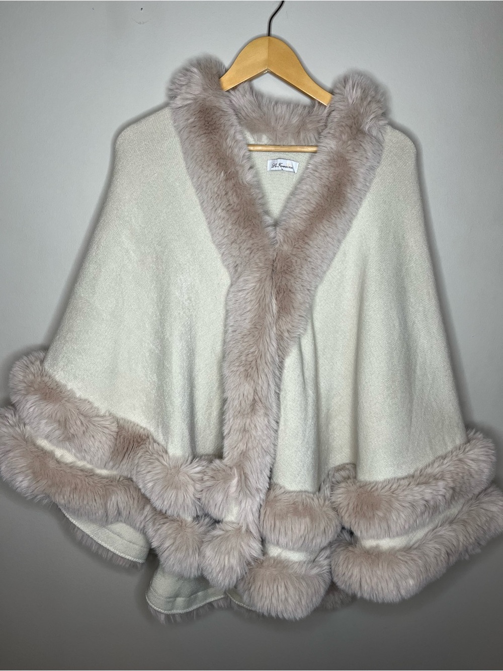 Cream Faux Fur-Trim Cape Jacket Shawl